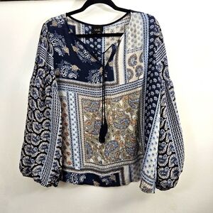 W5 Boho Patchwork Balloon‎ Sleeve Tie Neck Blue Paisley Pullover Top XL